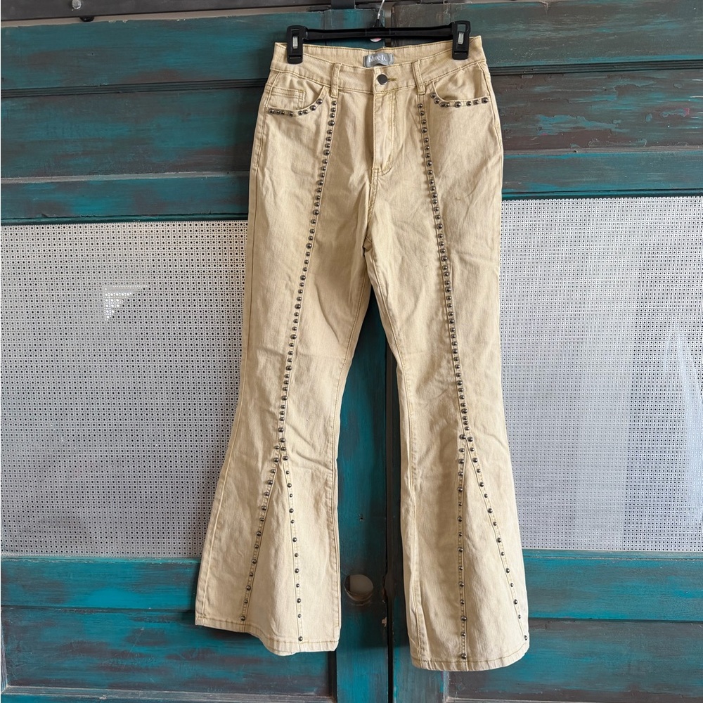 Silver Studded Tan Flare Jeans